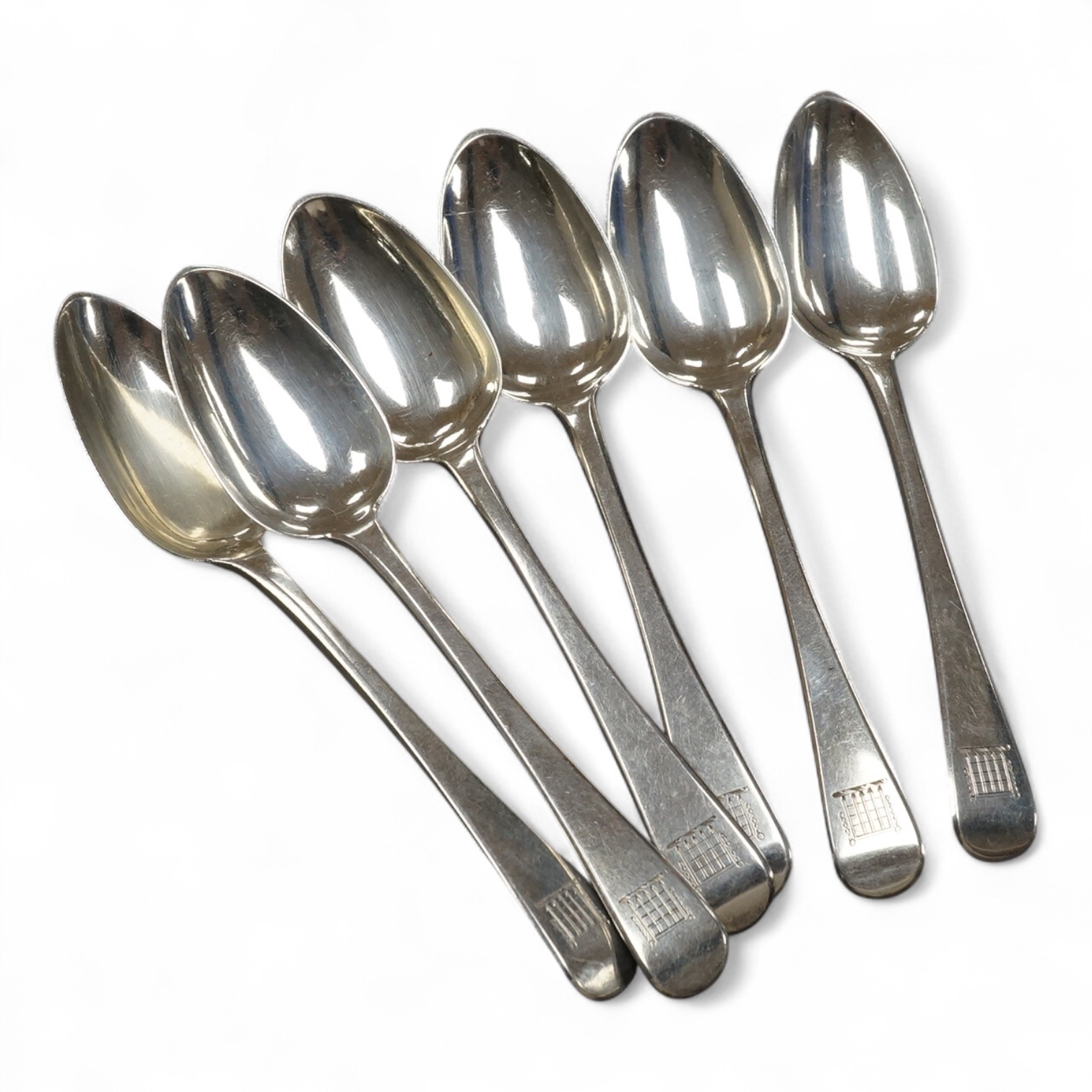 A set of six Victorian Irish silver Old English pattern teaspoons, makers marks for John Smyth and Waterhouse, Dublin, 1849, each engraved with a portcullis crest, 13.8cm, 4.4oz. Condition - fair to good